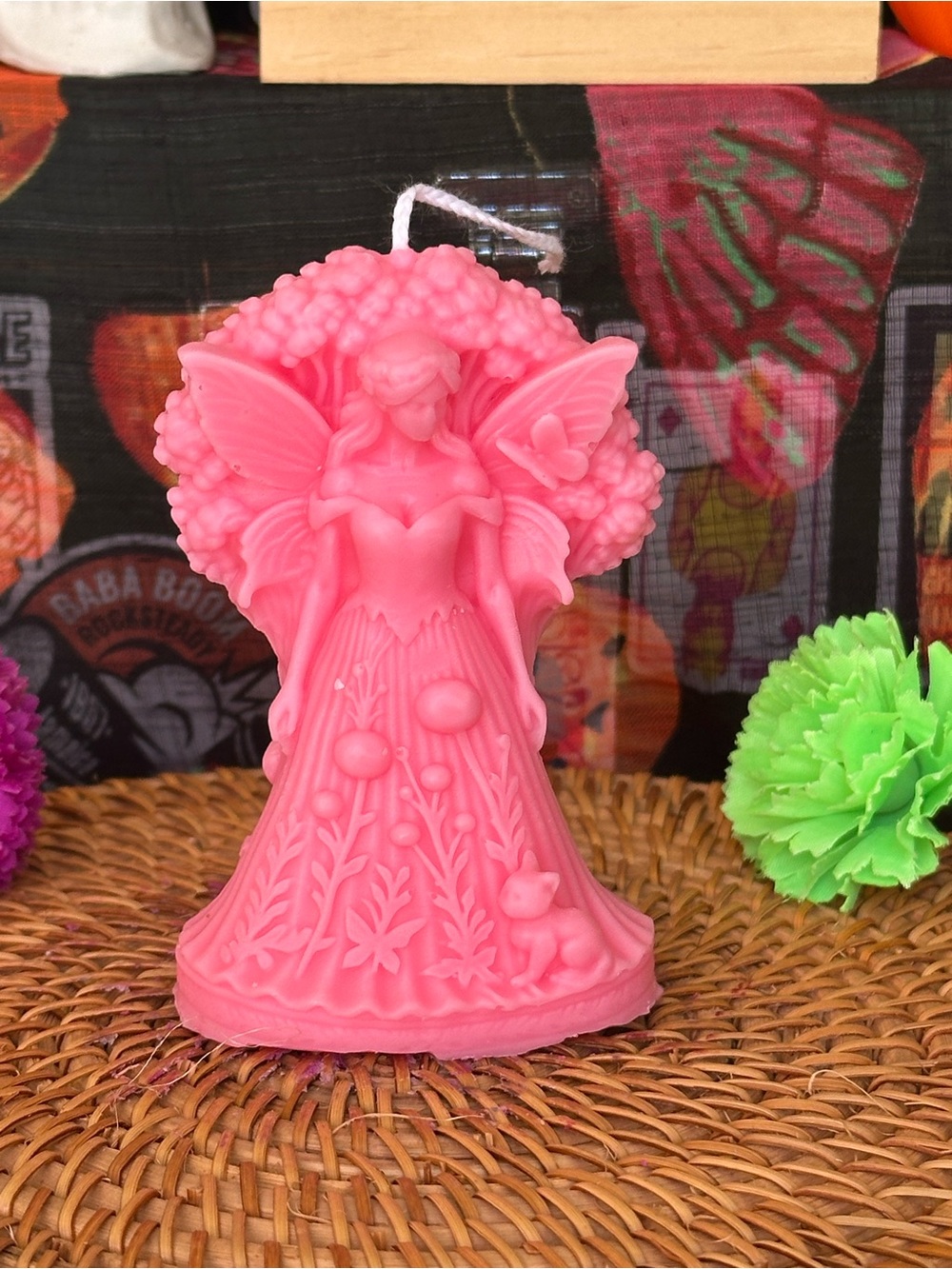 Pink Garden Fairy Candle – Woodland Fairy with Flowers & Butterflies